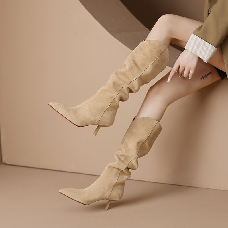 时尚腿精~V口磨砂皮堆堆靴单跟褶皱全牛皮尖头细高跟骑士高筒靴女