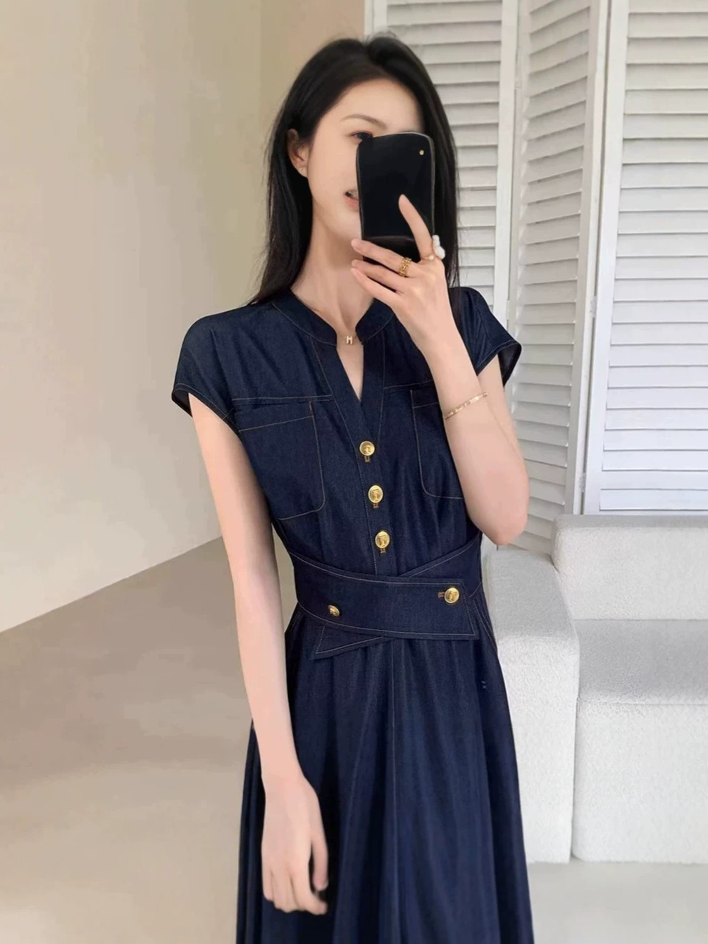Váy denim thời trang tay ngắn thắt eo tôn dáng — màu xanh đậm