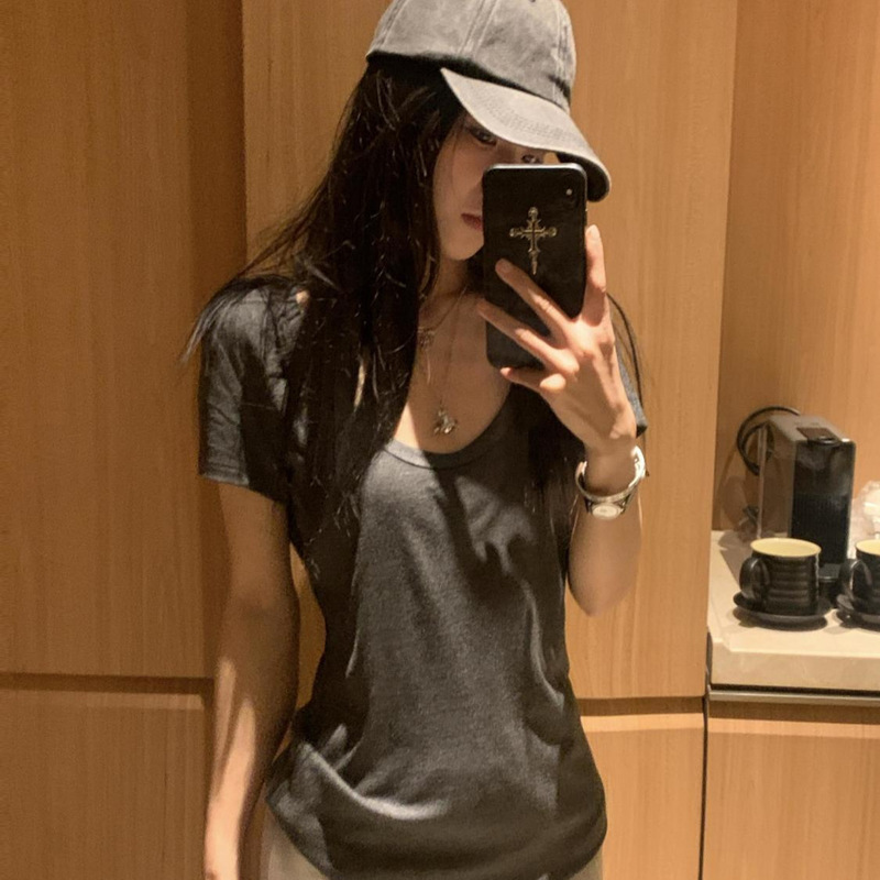Korean Style Dark Gray High-End Short-Sleeved T-Shirt for Women Summer New Slimming Look Sexy Lazy Style Versatile Top