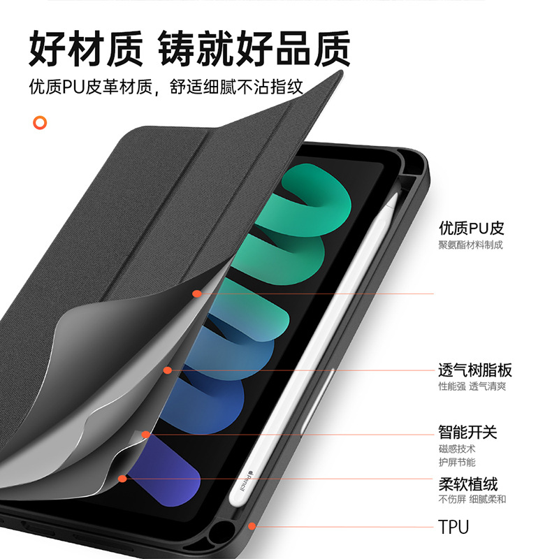 Funda protectora para iPad Mini7 con ranura para lápiz, tapa abatible, modo de suspensión, carcasa suave de TPU, funda de cuero triple, cierre magnético
