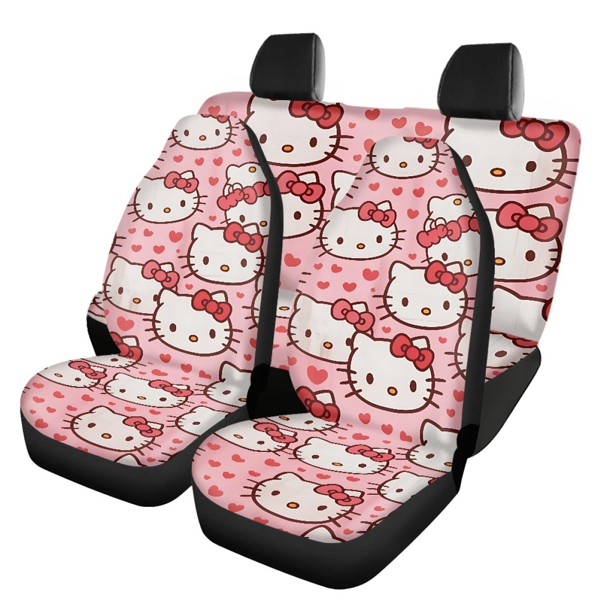 Custom-made car seat covers for independent online stores, featuring a coffee-colored leopard print and a Kitty cat design, to protect both the front and rear seats