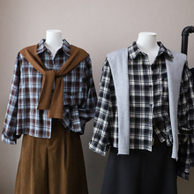 [比正]2025秋季新款韩版时尚格子长袖衬衫+针织披肩两件套女5263