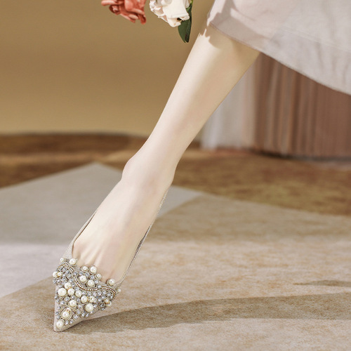 C588-13 Pointed Toe High Heel Wedding Shoes  New French Fashion Low Heel Single Shoes Versatile Plus Size Women's Shoes 40-43