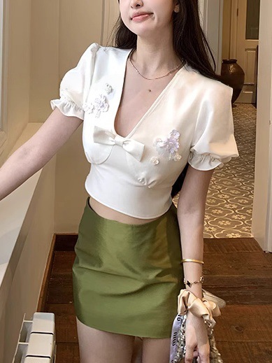 欧阳家蝴蝶结连衣裙女夏季新款法式复古小个子短裙收腰显瘦裙子|undefined