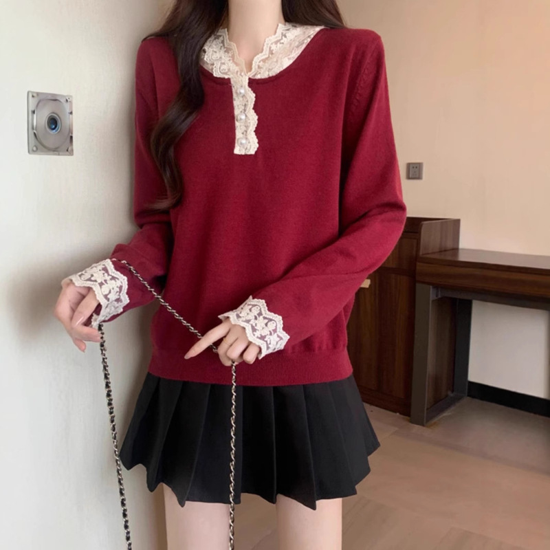 Korean 2025 Spring and Autumn plus size Women's Simple Sweet All-match Lace Cap Stitching Exquisite Long Sleeve Knitted Base Shirt