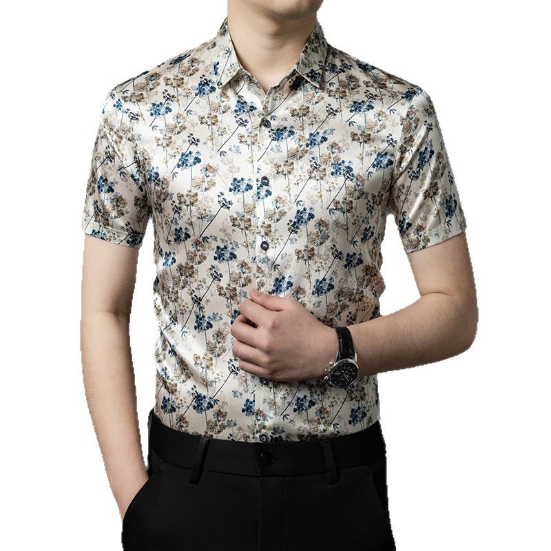 Áo sơ mi nam ngắn tay lụa tơ tằm in họa tiết mỏng nhẹ mùa hè — Màu hình 5217