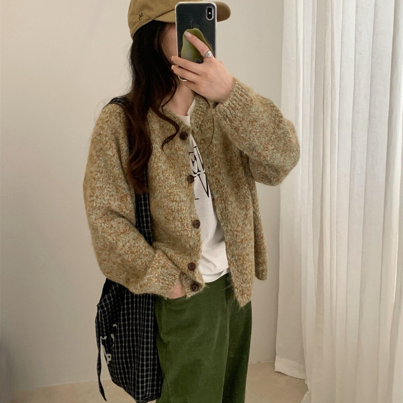 韩系温柔风彩纱圆领毛衣外套女秋冬新款宽松百搭软糯针织开衫上衣|undefined