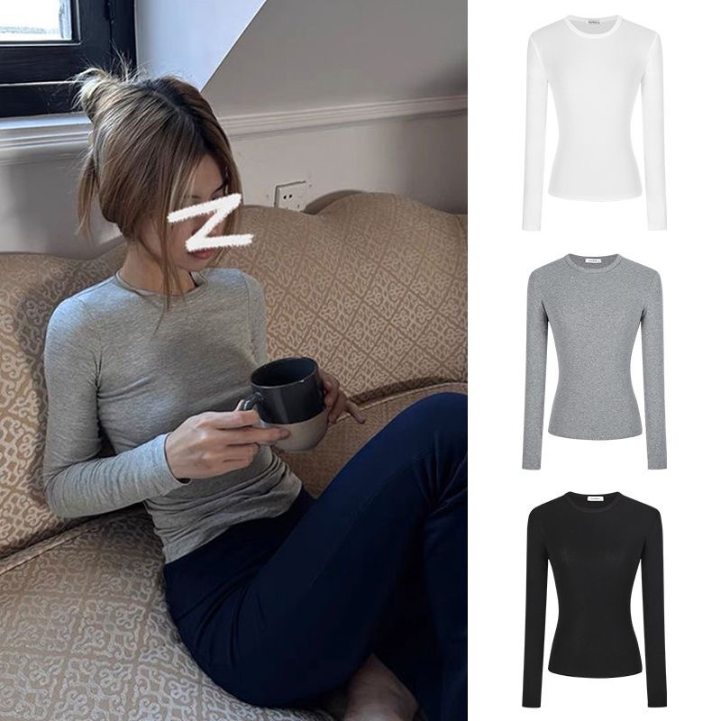 2025 ベーシックスリムフィット長袖 Tシャツ女性のための秋の新しい多用途ホットガール韓国スタイルボトリングトップ女性のためのトレンディ|undefined