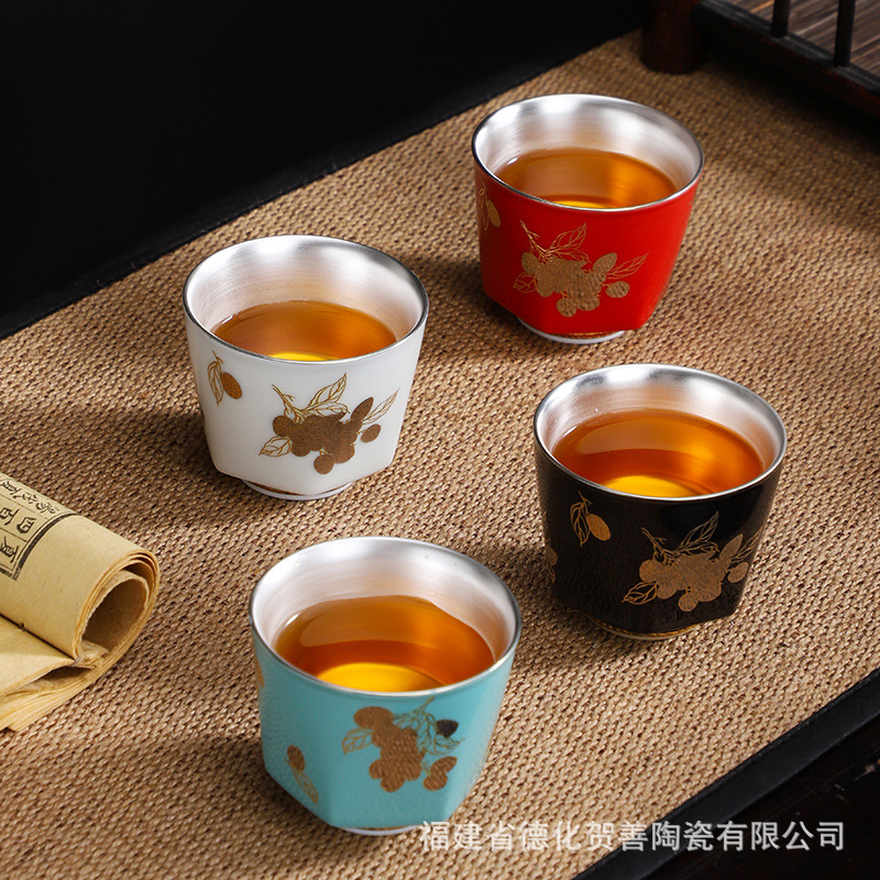 单双个人杯陶瓷茶具主人杯鎏银内胆珐琅彩品功夫茶碗手工鎏银杯|ru