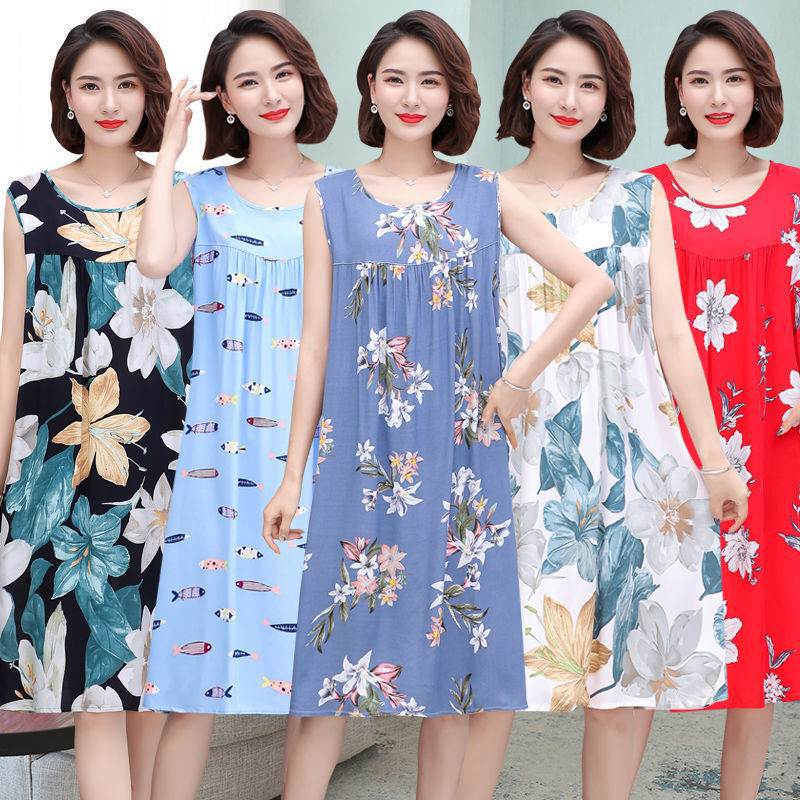 Summer Middle-aged and Elderly People's Cotton Silk Nightdress Pajamas Women's Cotton Silk Dress Summer Adult Large Size Mother's Home Clothes