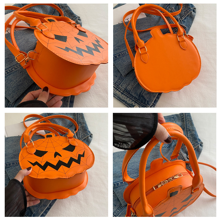661g Weight Polyester Lining Material Zipper Closure Type Halloween Women's Pu Leather Pumpkin Vintage Style Classic Style Round Zipper Crossbody Bag