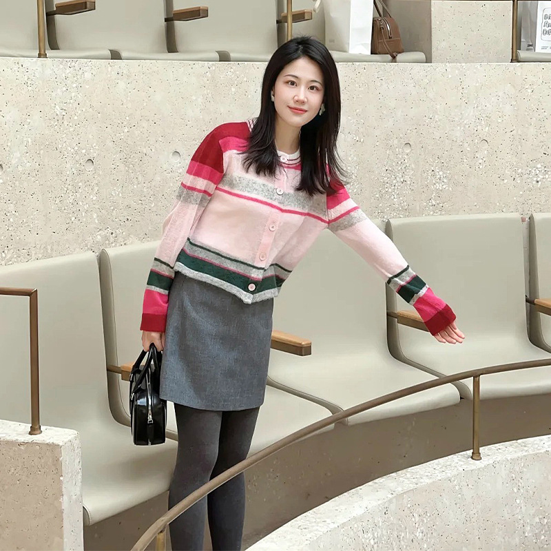 2026 Spring New Round Neck Cardigan Top Wool Blend Dopamine Colorful Striped Knitwear for Women