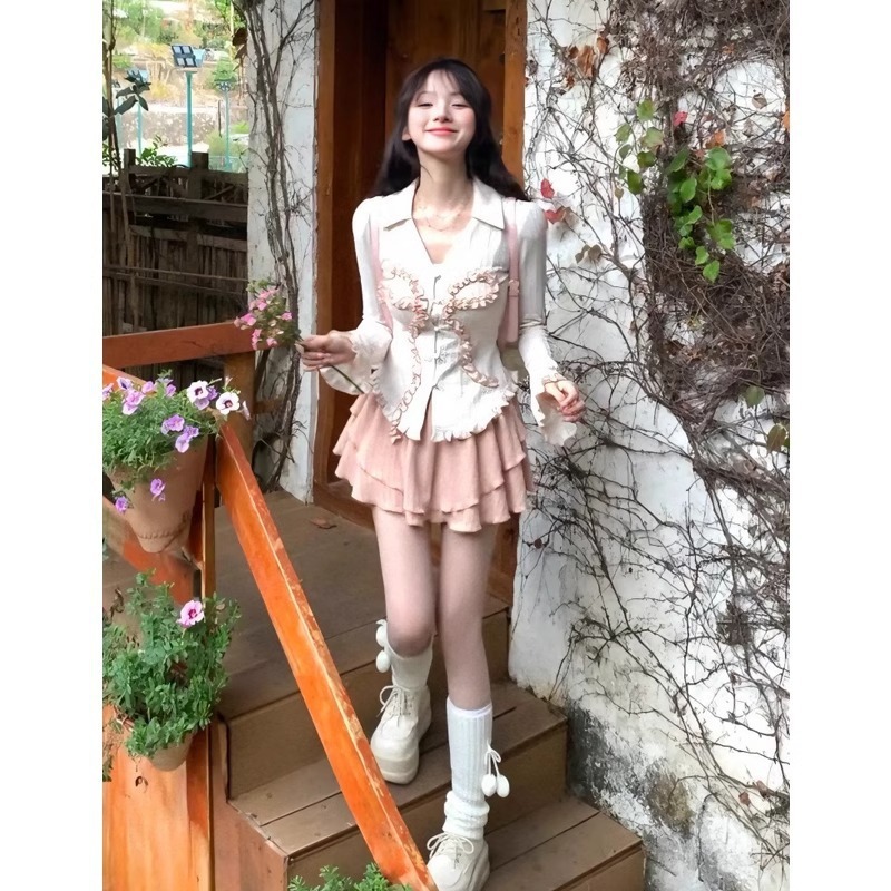 2025春秋季纯欲风套装女新款可爱甜美蕾丝蝴蝶结上衣+高腰半身裙|undefined