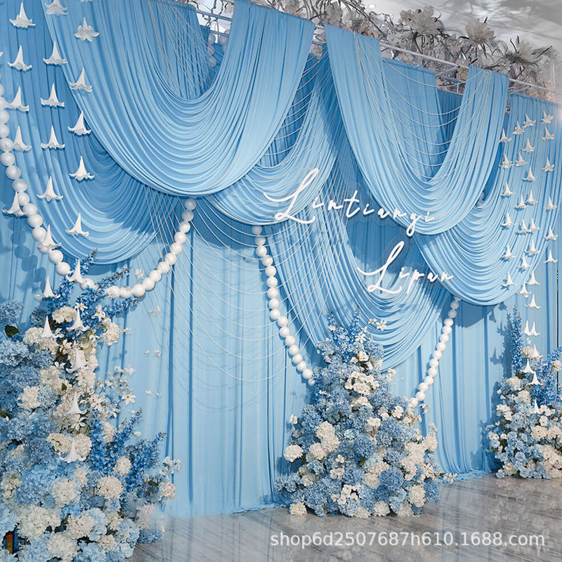 Blue Milk Silk Drapes for Wedding Backdrop, Wedding Stage Ceiling Decoration Fabric, Venue Arrangement Fabric Blue Milk Silk Drapes for Wedding Backdrop, Wedding Stage Ceiling Decoration Fabric, Venue Arrangement Fabric