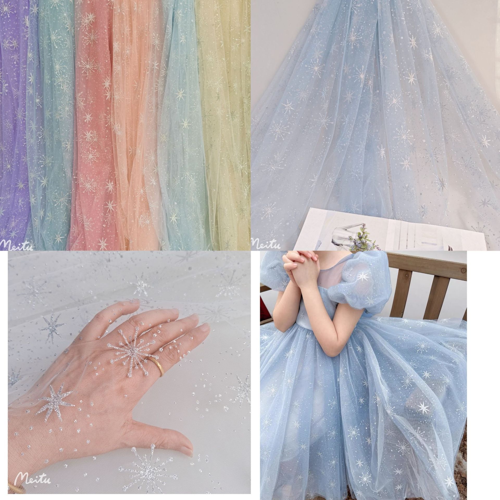 热卖款~小仙女款柔软锦特美网纱雪花点点印粉不掉粉工艺 童裙面料