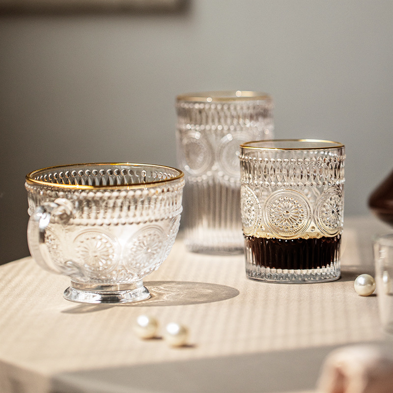 Vintage embossed gold-rimmed glass cup with Japanese INS style, transparent oat cup for home use, drinking and milk cup