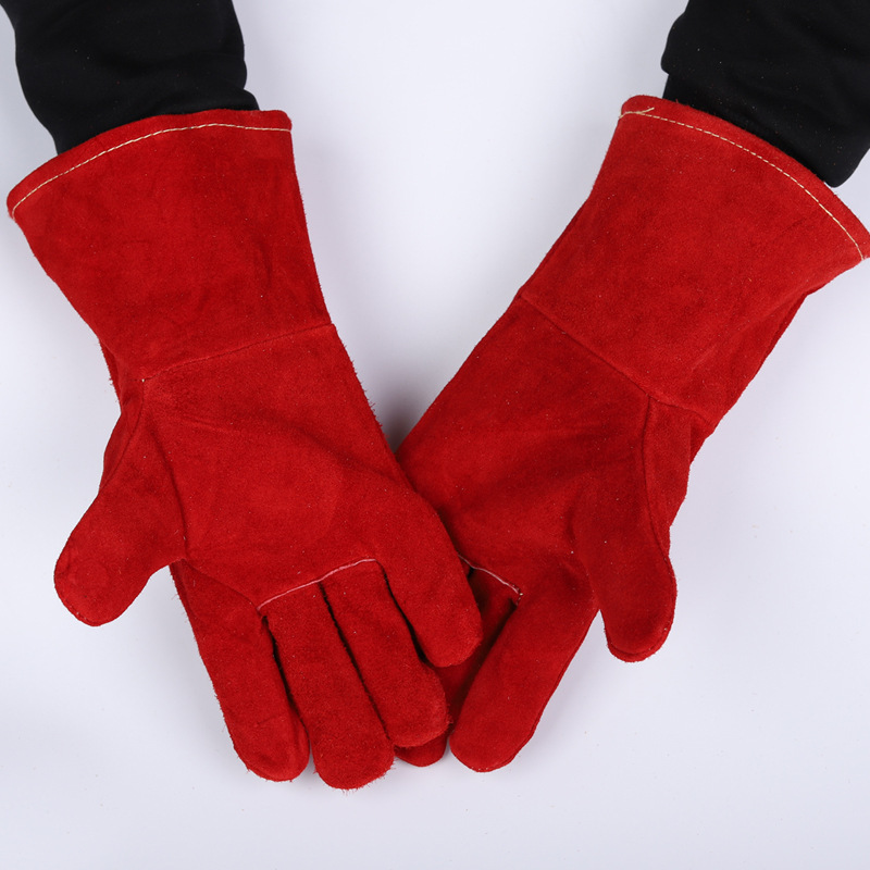 长脖电焊手套加厚双层切割焊工牛皮手套工地干活耐磨劳保手套批发