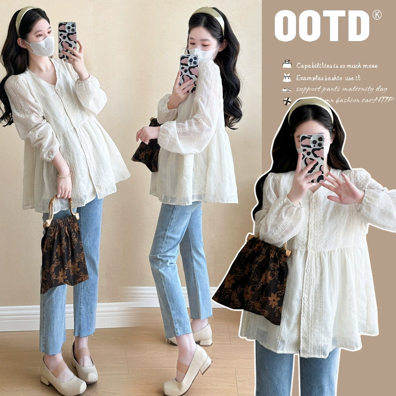 Одежда для беременных Весеннее кружевное платье с вышивкой с длинными рукавами топ 2025 новые беременные рубашки весна минималистская повседневная рубашка весна