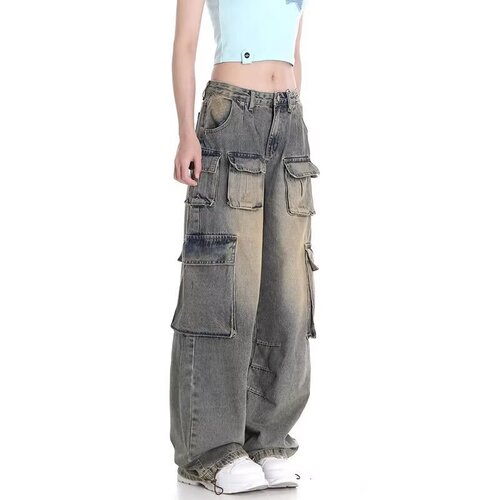 Pocket Design American Retro Work Pants for Women 2025 Wide Leg Denim Loose Trendy Brand Vibe Pants