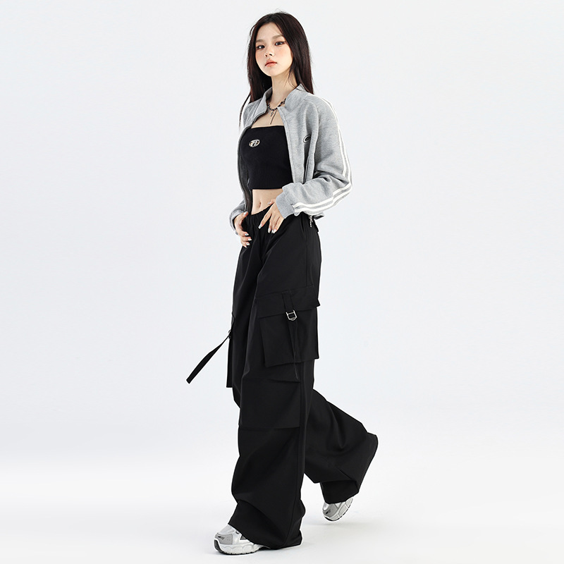 黑色多口袋工装裤女2025年秋季新款高腰宽松直筒松紧腰阔腿休闲裤|undefined