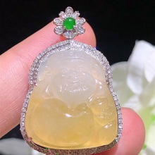 冰黃財神爺翡翠吊墜 18k金鑲嵌玉器A貨緬甸天然翡翠吊墜飾品精品