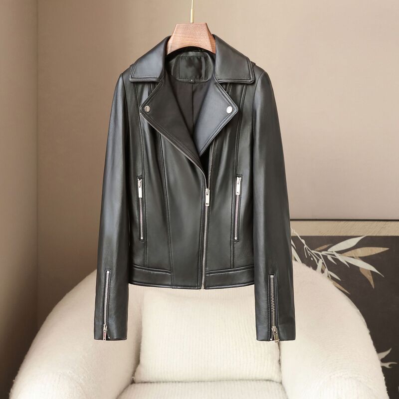 Small Amount of Clothing 2025 Spring New Slim-Fitting Short Goatskin Jacket Women's Motorcycle Style Genuine Leather Jacket Small Amount of Clothing 2025 Spring New Slim-Fitting Short Goatskin Jacket Women's Motorcycle Style Genuine Leather Jacket