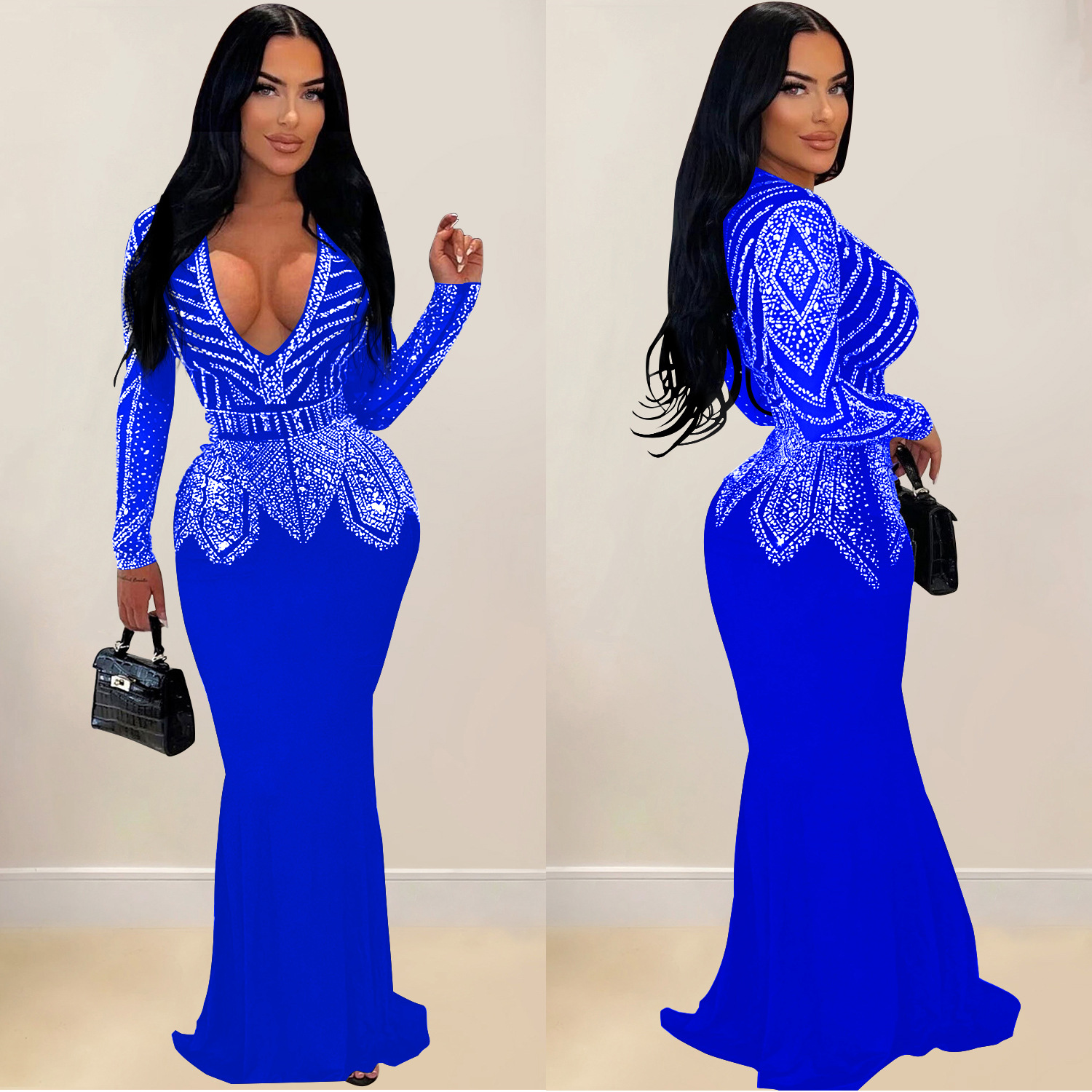C7003 Aliexpress transfronterizo Amazon estación independiente de moda europea y americana nueva falda de diamante caliente vestido largo de cuello en V image 5