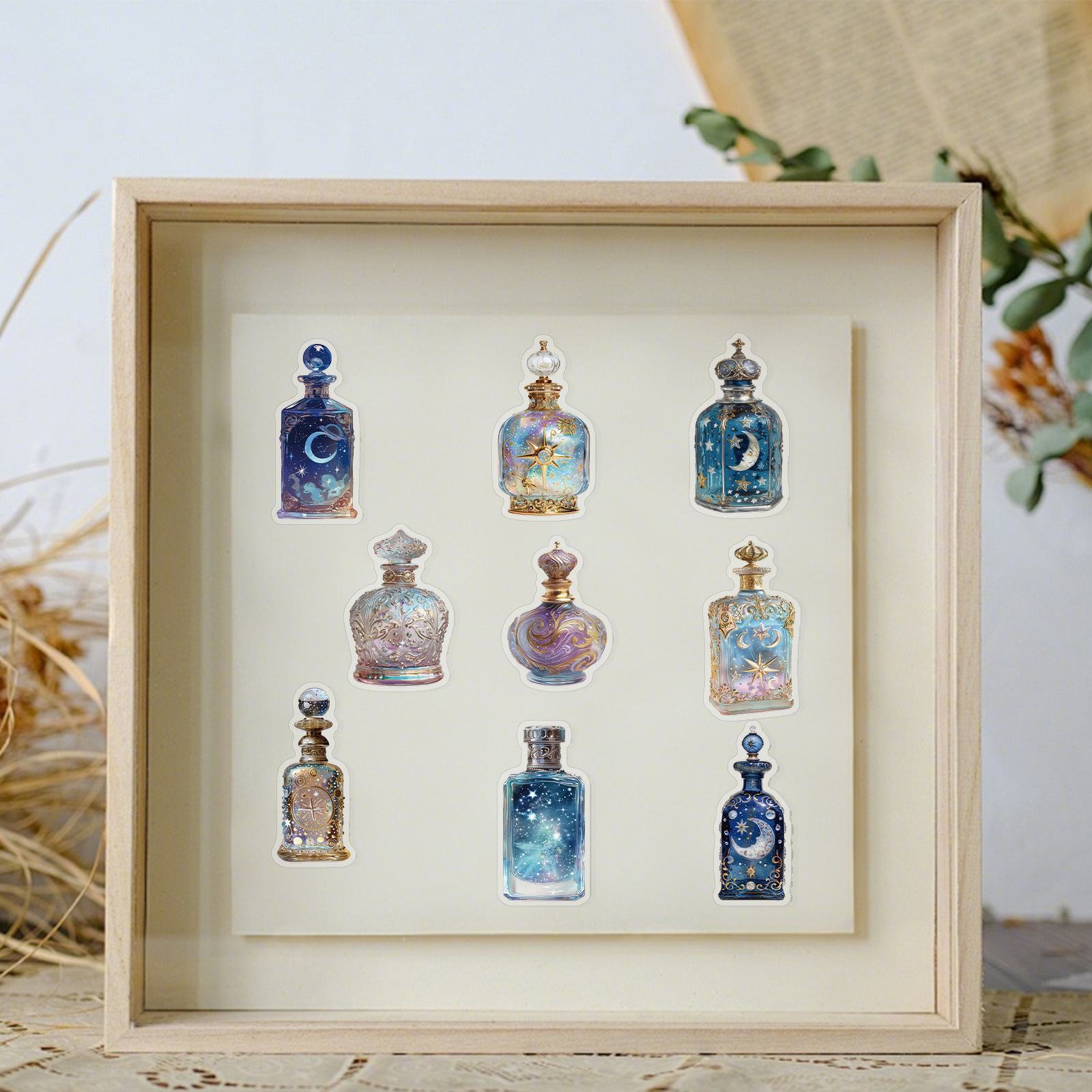 50 pegatinas PET creativas de fase de la luna botella de alta sensación de la luna botella DIY de mano libro de cuentas pegatinas de decoración de maleta