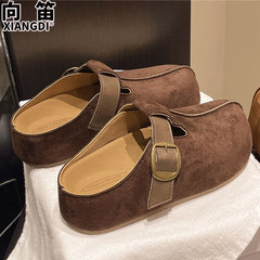 5cm增高厚底真皮勃肯鞋子女鞋袋鼠鞋一脚蹬单鞋包头半拖鞋穆勒鞋
