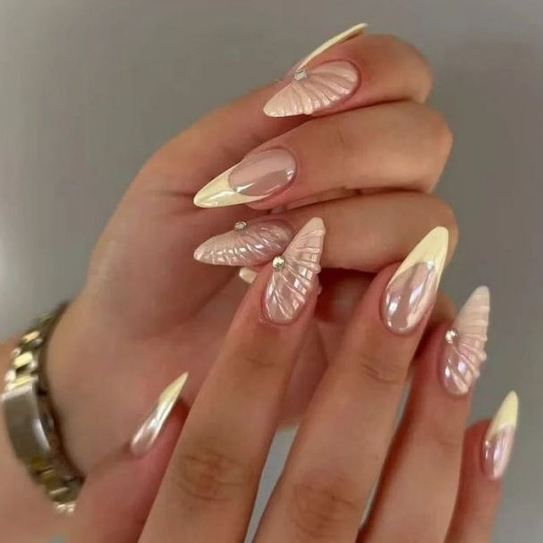 24 Pieces of Popular Foreign Trade Nail Art Designs, Simple and Stylish, Fresh and Pearlescent French Style 3D Three-Dimensional Design, Wholesale Press-On Nails