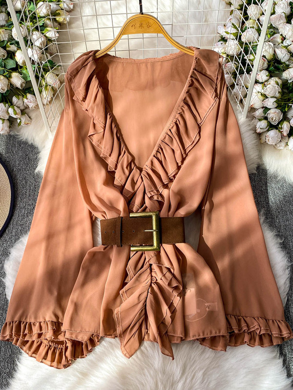 Mature Style Sexy Deep V Neck Ruffled Long-Sleeved Shirt for Women 2025 Autum Style Strappy Waist Slimming Look Top