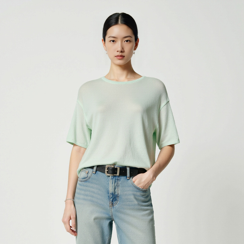 [Heng Jia HJ] Short Sleeve Crewneck and Paper Yarn Knitted Sweater Women's Summer New Loose Slim Thin Breathable Base Shirt