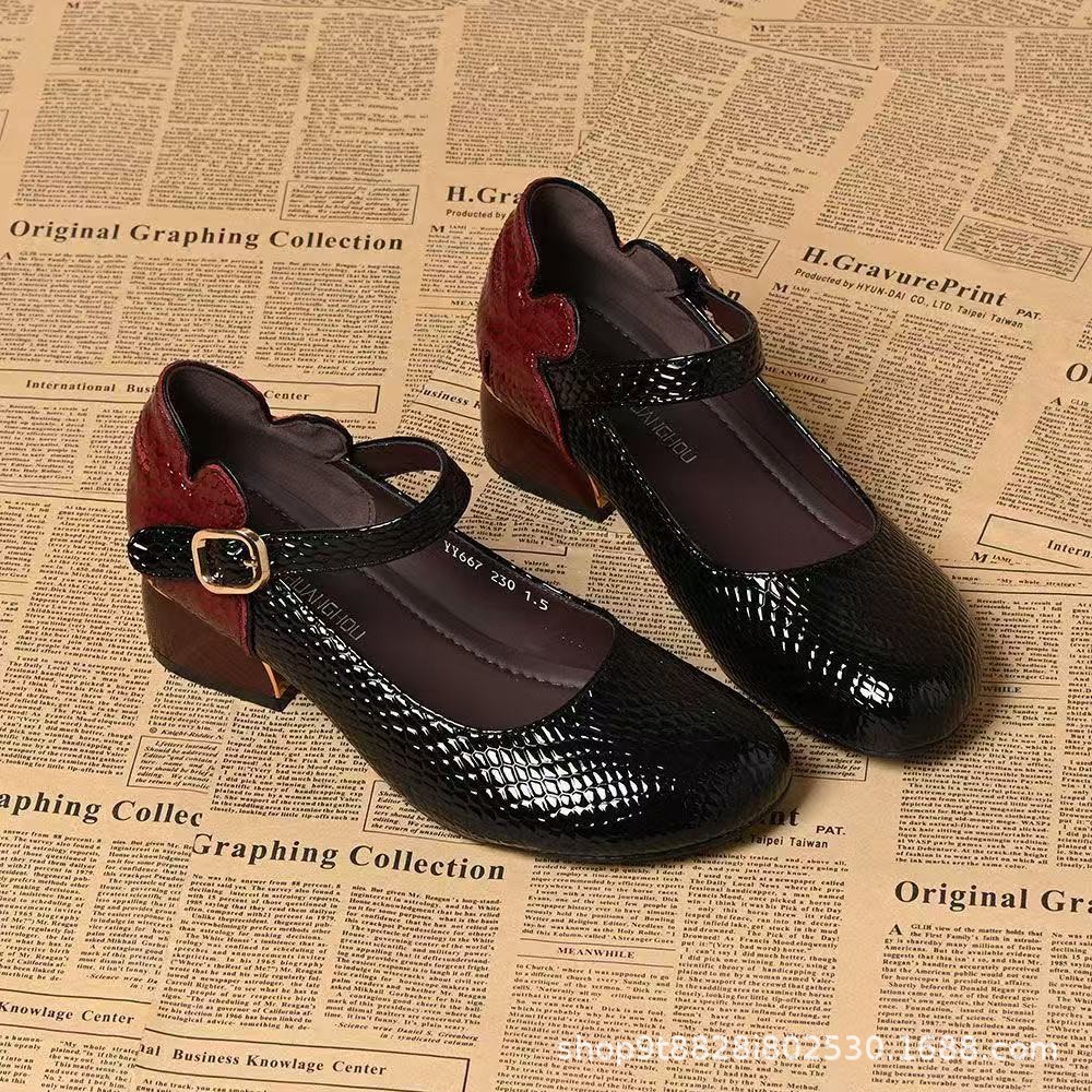 Cabeza de cuero de vaca, cabeza redonda, boca superficial, tacones gruesos, moda de mujer, primavera y otoño, zapatos de goma esmerizados de Mary Jane.