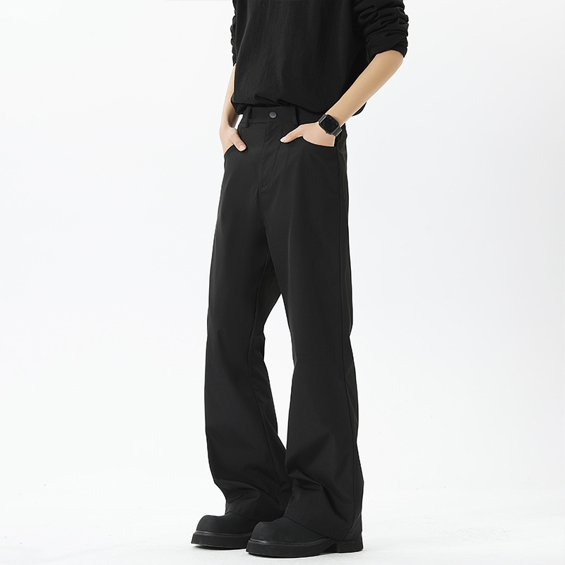 Cleanfit Curved Hem Slightly Flared Men's Trousers for Spring and Autumn, Black Slimming Pants with a High-End Feel, Casual Straight-Leg Style Cleanfit Curved Hem Slightly Flared Men's Trousers for Spring and Autumn, Black Slimming Pants with a High-End Feel, Casual Straight-Leg Style