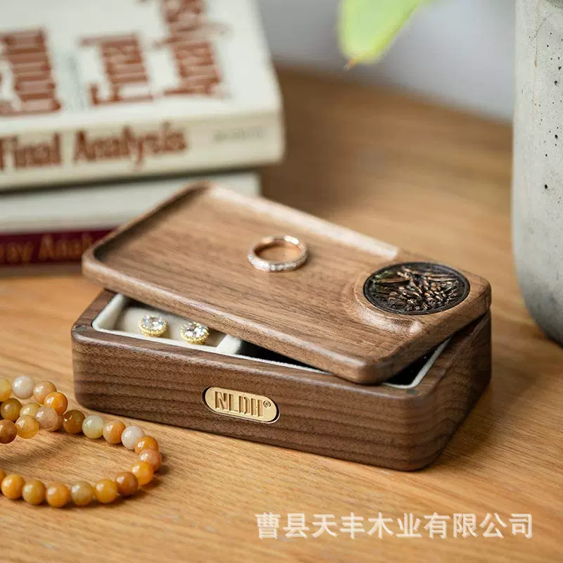 木质礼品盒黑胡桃戒指盒的对戒盒 旅游出行便携式首饰盒