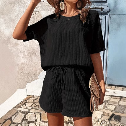 European and American Cross-Border Summer Solid Color Women's Suit Round Neck T-Shirt Shorts Casual Two-Piece Pants Fake Drawstring Suit