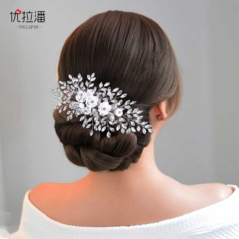 Youlapan European and American Wedding Banquet Hair Styling Bridal Headpiece White Pure Handmade Soft Clay Flower Rhinestone Hair Comb Hp319