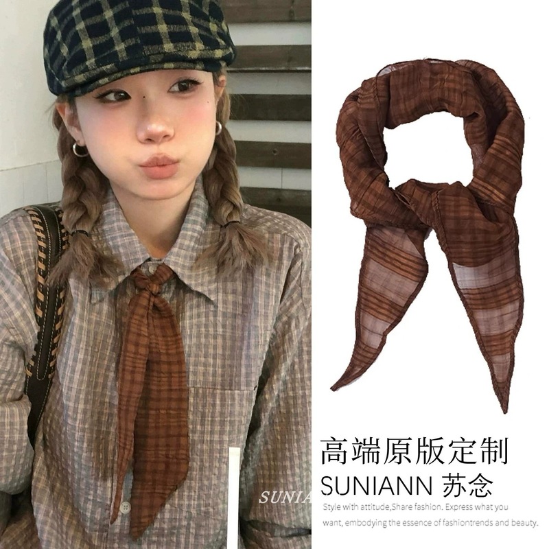 日系复古学院风棕色格纹丝巾美拉德色系文艺气质系脖领巾时尚颈饰|undefined