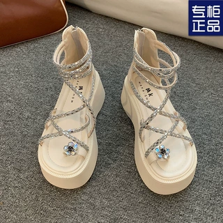 厚底交叉带凉鞋女2026夏季新款时尚百搭增高配裙子罗马沙滩凉鞋女
