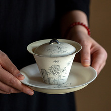手绘墨竹三才盖碗创意中式盖碗复古陶瓷高档泡茶器单个家用泡茶碗