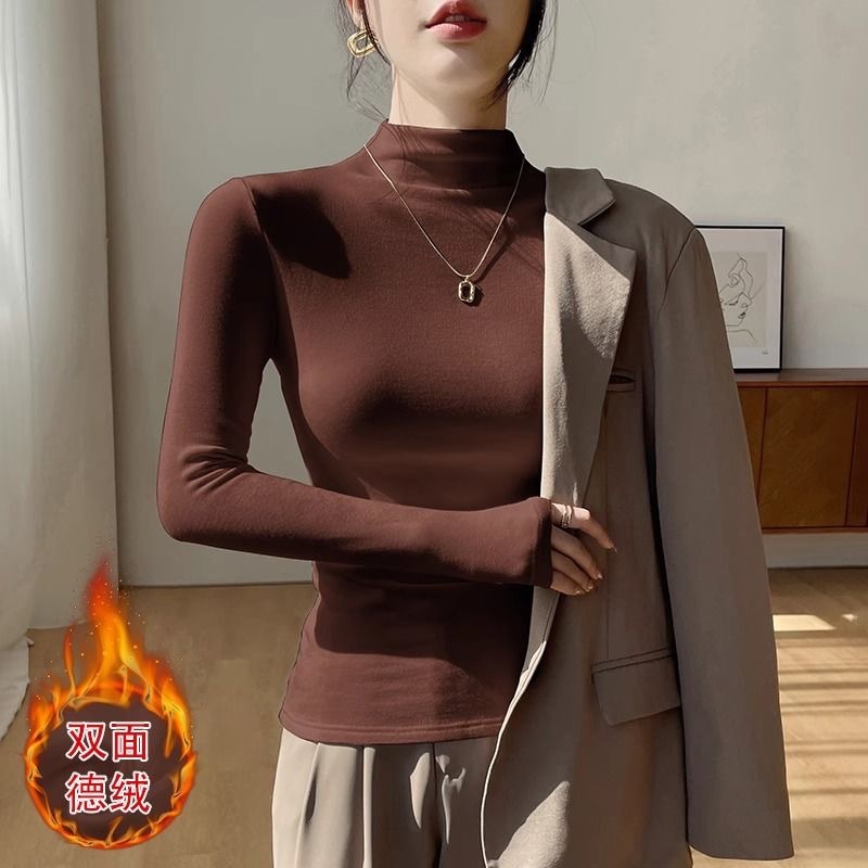 2026 estilo coreano pesado de doble cuello de media altura camiseta de base rosa de terciopelo para mujeres camiseta de manga larga de terciopelo gruesa