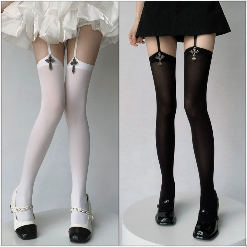 Cross-Pattern Suspender Integrated Over-The-Knee Socks, Anime Style Lolita Velvet Black and White Thin Long Socks for Girls