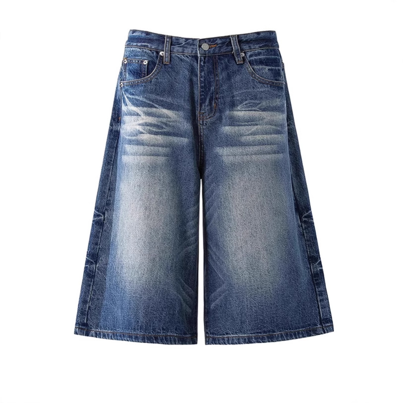 High Street Distressed Denim Shorts Men's & Women's Washed Wide-Leg Cargo Pants Cat Whisker Details_mkmklike.com