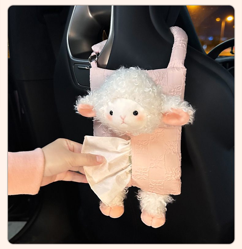 Car tissue box cute little sheep multifunctional hanging tissue bag for car, popular plush toy car tissue box