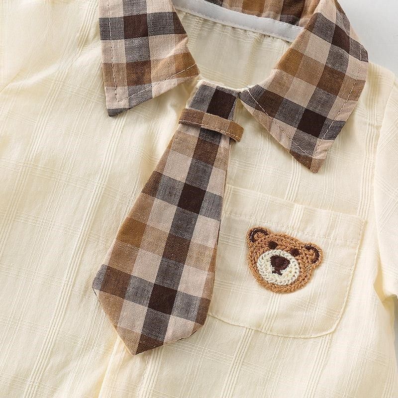 韓国風ベビー夏服、男の子ベビーカレッジスタイル半袖ジャンプスーツ、夏薄手満月百日服、トレンディ|undefined