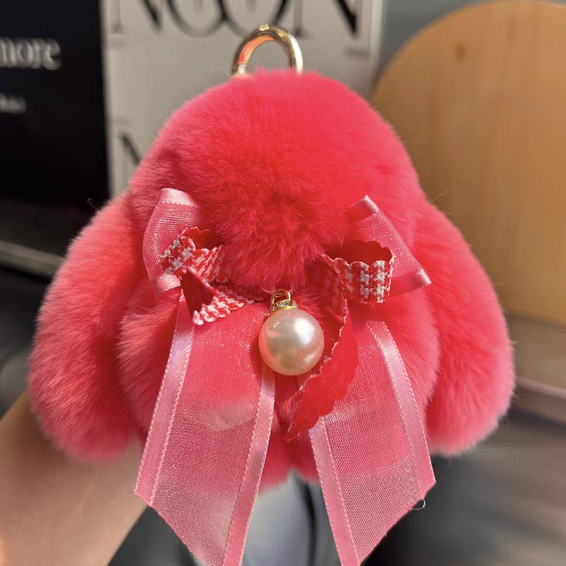 Cute conejo real peludo arco perla pequeño conejo llavero de coche colgante muñeca de peluche bolsas colgante