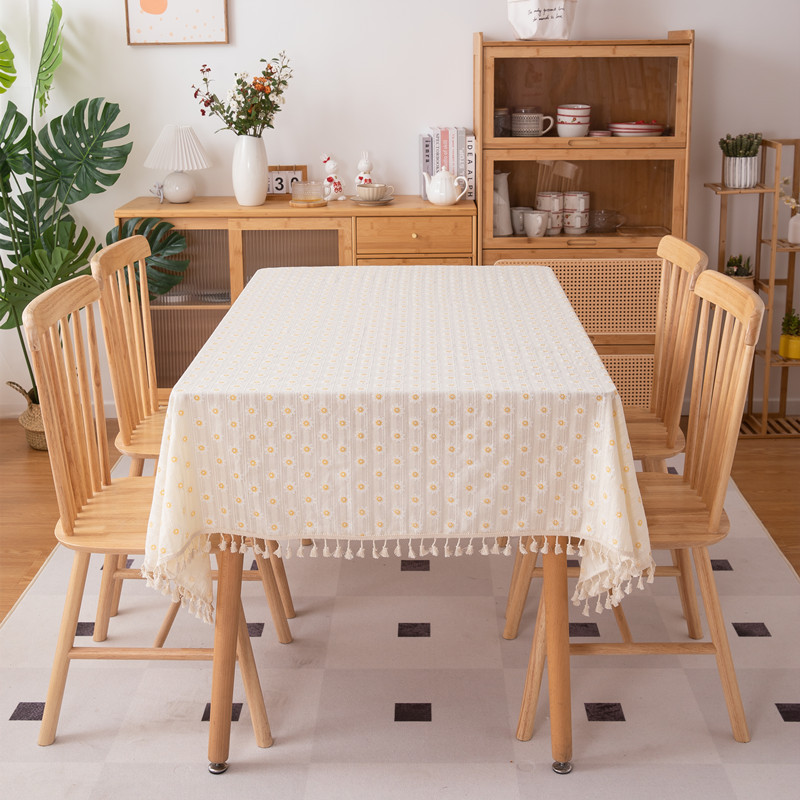 Pastoral Style Fresh Simple All-cotton Jacquard Printed Cream-colored Sunflower Rectangular Tablecloth For Coffee And_voghion.com