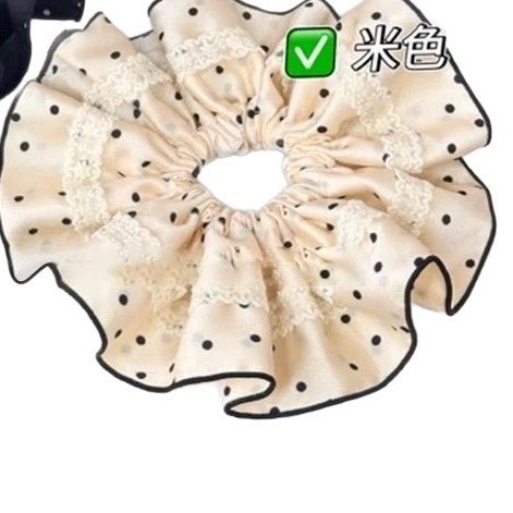 Black And White Polka Dot Satin Lace Pleated Scrunchie Elegant_voghion.com