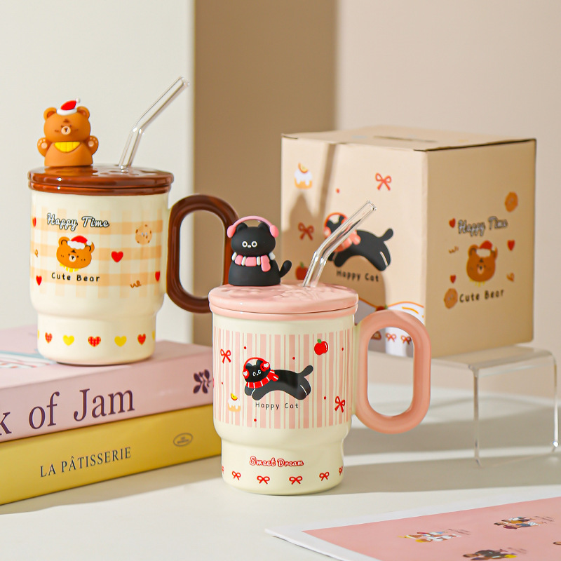2025 verano nueva taza de paja graffiti animal cerámica con taza de agua cubierta taza de dibujos animados macacos lindos regalos de cumpleaños