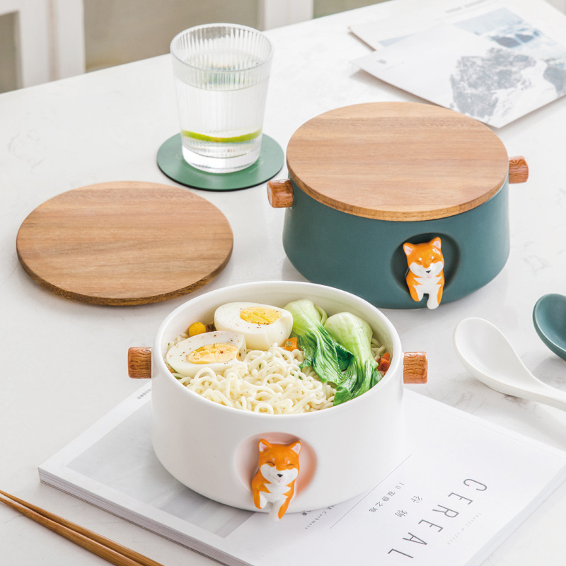 Cerámica tazón de fideos instantáneos con tapa Shiba Inu gran estudiante dormitorio fideos instantáneos taza tazón set Bento caja regalo